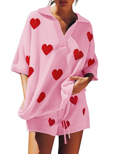 Image of Tankaneo Womens Sweater Set 2 Piece Outfits Oversized 3 /4 Sleeve V Neck Knit Tops High Waisted Shorts Lounge Sets