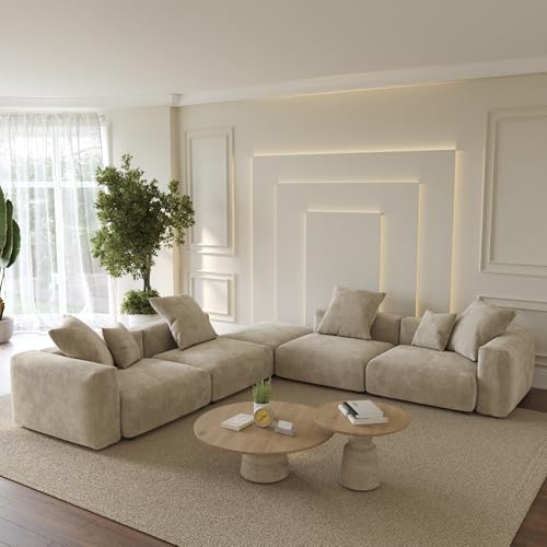WJShome Oversized Modular Sectional Sofa with Ottomans,5 Seater Corduroy V Shaped Reversible Corner Couch,141.73" Convertible Sofa & Couch Free Combination for Living Rooom,Beige