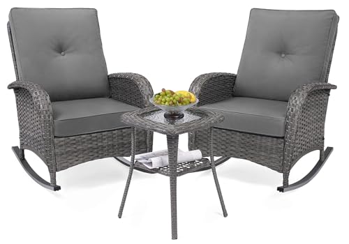 Patio Rocking Chairs Set, Outdoor Rocking Chairs Set of 2 with Side Table, 3-Piece Wicker Furniture Set for Patio, Porch, and Backyard (Grey)