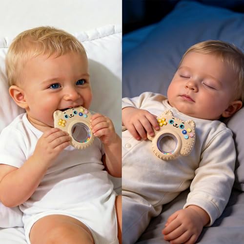 Image of Baby Teether Toy Silicone Cat Teething Ring -Game Controller, Baby Rattle Toy Chew Sensory Toys for Babies Over 3 Months, Teething Relief for Newborn Infant Essentials 0-6 6-12 Months, BPA Free -Beige