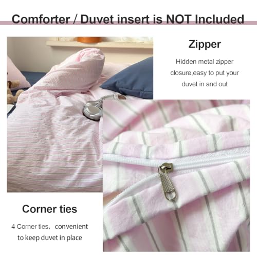 Image of EAVD Retro Striped Duvet Cover Twin Pink Grey Vertical Striped 3-Piece | Soft Washed Microfiber, Vintage Striped Bedding Set, with 2 Pillowcases, Aesthetic Stripes, Zipper Closure, for Women Girls
