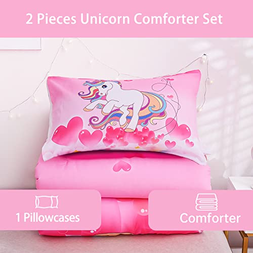 Phantasim Unicorn Bedding Twin For Girls All-Season Pink Rainbow Unicorn Comforter Set Twin, 2 Pieces Soft Brushed Microfiber Kids Unicorn Twin Bedding Comforter Set For Girls/Boys With 1 Pillowcase #TOP1
