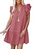 Dokotoo Womens Summer Casual V-Neck Drawstring Ruffle Caps Sleeve Trendy Dress Solid Color Flowy Easter Mini Cute Dresses with Pockets Red Medium