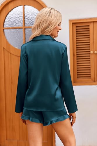 Image of Ekouaer Womens Satin Pajama Sets Long Sleeve Top and Shorts Lounge Set Button Down Sleepwear
