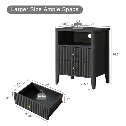 Image of Fluted Nightstand with Charging Station Set of 2, 21 inch Wide Modern Bedside Table with 2 Drawers & Open Shelf, Wood End Table with Storage & Metal Handle for Bedroom, Small Spaces, Black Grey