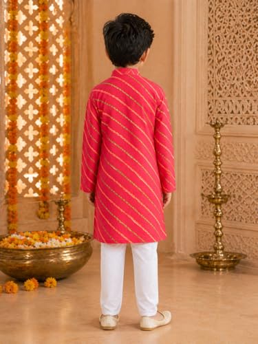 Image of superminis Cotton Boys Sanganeri Lehariya Printed Kurta Set with White Pyjama Elastic Closure