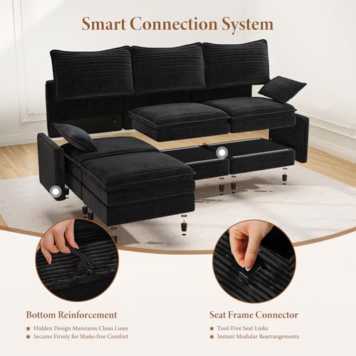 Image of Vesgantti Large Modular Sectional Sofa, Big Comfy Cloud Couch with Ottoman Deep Seat Corduroy Cloud Sofa, 8 Seater Large Sectional Couches for Living Room, Bedroom and Apartment, Black