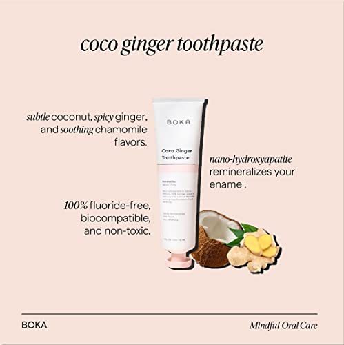 Boka Natural Toothpaste, Fluoride Free - Nano Hydroxyapatite For Remineralizing, Sensitive Teeth, & Whitening - Dentist Recommended For Adult, Kids Oral Care - Coco Ginger, 4Oz 1 Pack - Made In Usa #TOP4