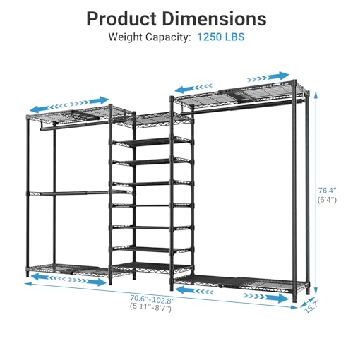 VIPEK S3X Expandable Clothes Rack Adjustable from 5'11" to 8'7" with 6-Tier Shoe Shelves, Freestanding Clothing Rack with Adjustable Shelves & Hanger Rods for Reach-in Closet, Max Load 1250LBS, Black - Image 4