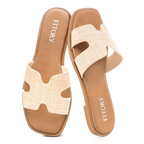 FITORY Women's Slide Sandals, Flat Fashion Square Open Toe with Cushion Slippers for Summer Beach Size 8 Raffia