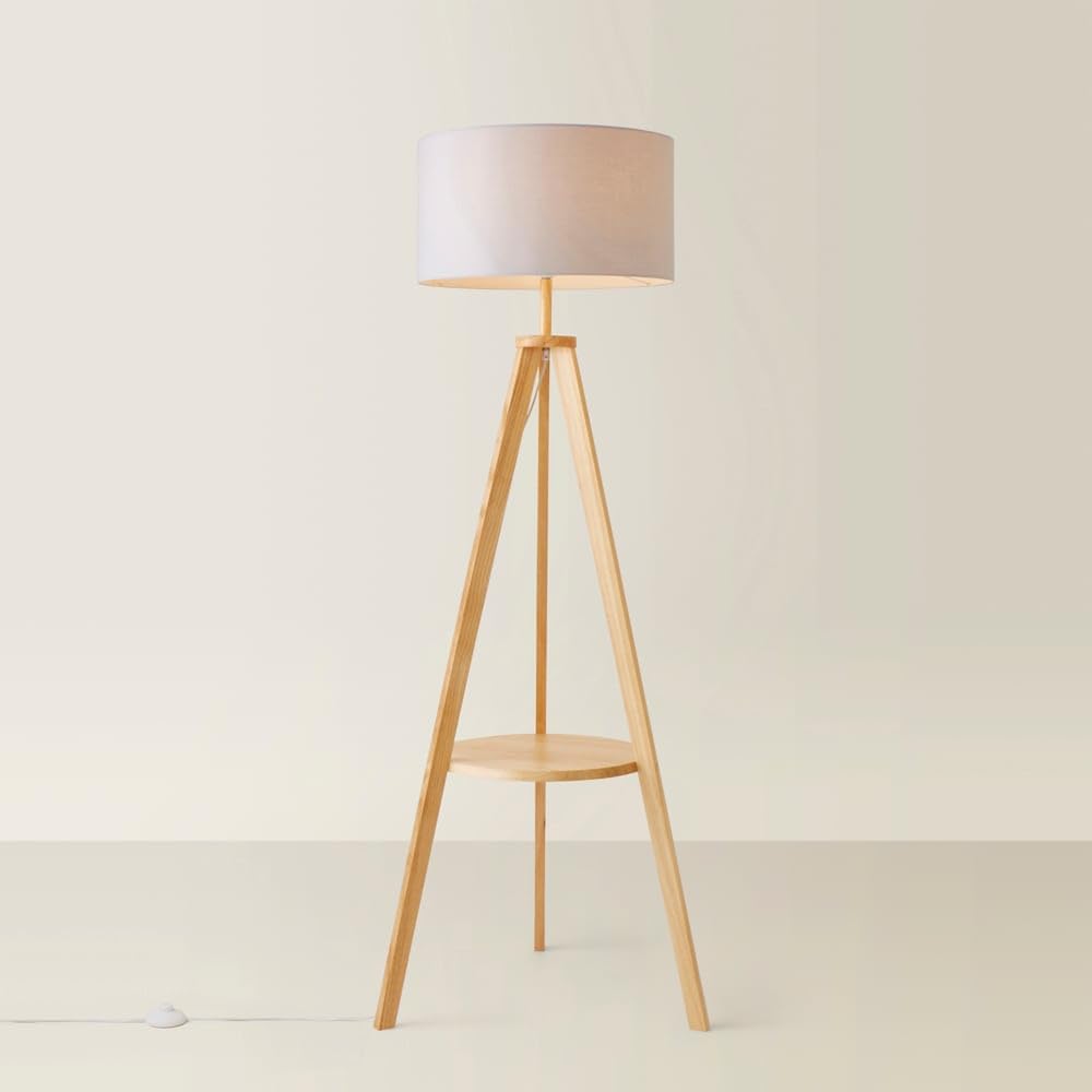 MiniSun | Modern Light Wood Tripod Design Floor Lamp with Storage Shelf and Grey Shade | Floor Lamps & Torchieres, Home Décor & Improvement Essential | Includes 6W LED Bulb [3000K Warm White]