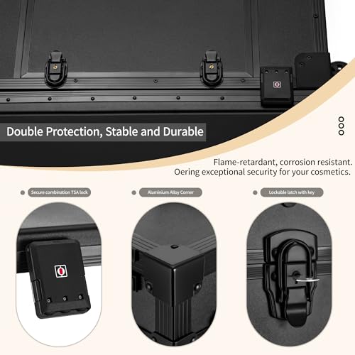 Rolling Manicure Table Foldable Nail Desk 4 Drawers, Makeup Organizer Blueteeth Speaker on Wheels, Travel Makeup Case with LED Mirror TSA Lock for Technician Workstation Salon