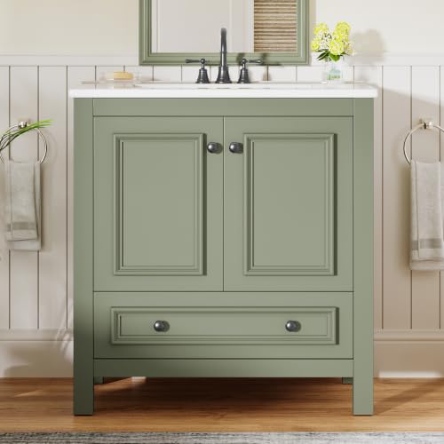 Tribesigns Modern Bathroom Vanity with Sink, Freestanding Bathroom Vanities Cabinet with Ceramic Basin Combo, Bathroom Sink Cabinet with 2 Doors and 1 Drawer, Solid Wooden Frame (Olive Green, 30 INCH)
