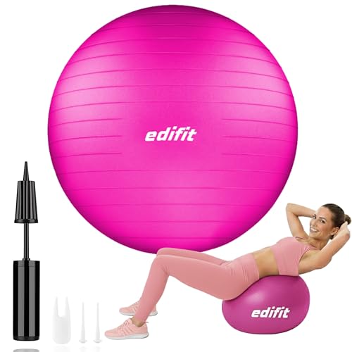 EDIFIT, Ballon Grossesse, 55, 65 et 75, Swiss Ball, Gym, Pilates, Gonfleur Inclus, Fitness Materiel, Gymnastique, Yoga Accessoires (65 cm, Rose)