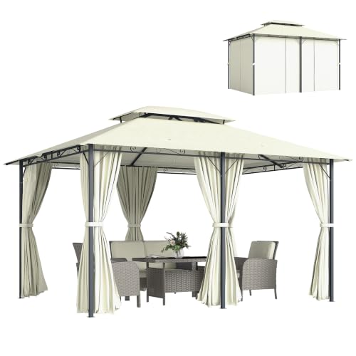 Outsunny Cenador para Jardín 3x4 m Pérgola de Jardín Gazebo con Doble Techo Paredes Laterales Resistente al Agua Carpa para Exterior Terraza Patio Crema