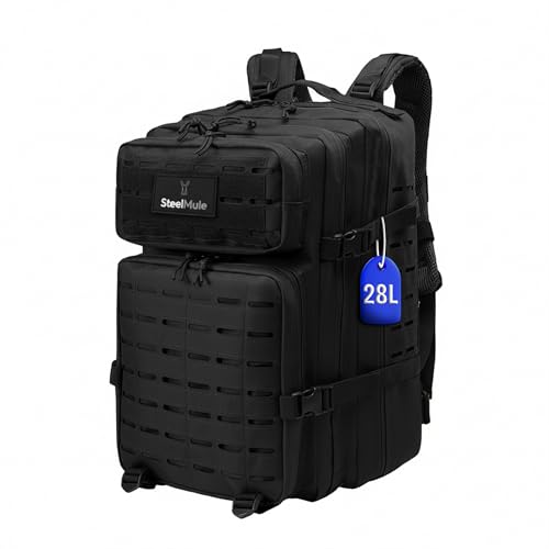 SteelMule 26L Mochila Táctica Militar Molle - Impermeable - Mochila Crossfit con Parches - Mochila Supervivencia, Mochilas de Senderismo, Emergencias, Camping, Gym, Montañismo, Cabina Viajes (Negro)
