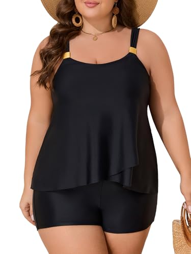 Summer Mae Plus Size Swimsuit Tankini for Women Two Piece Flowy Bathing Suit Ruffle Tummy Control Swimwear with Short