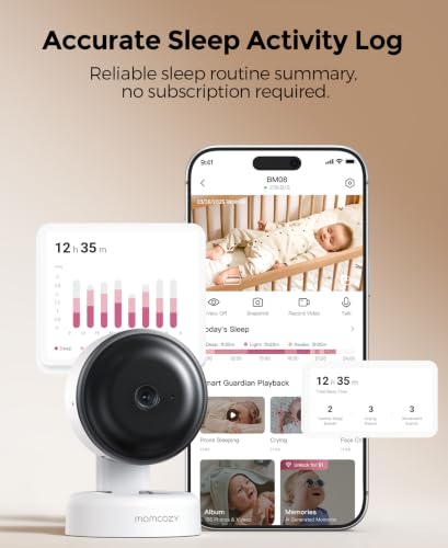 Image of Momcozy Smart Baby Monitor, 2K HD & Night Vision Contact-Free Baby Monitor | Sleep Summary, Electric Safe Fence, Cry /Motion Detection & Auto Soothing, 2.4 /5GHz WiFi, 2-Way Audio, No Subscription, BM08