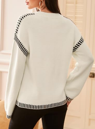 Image of Women's Crewneck Long Sleeve Sweater Casual Fall Contrast Ribbed Knit Pullover Jumper Tops
