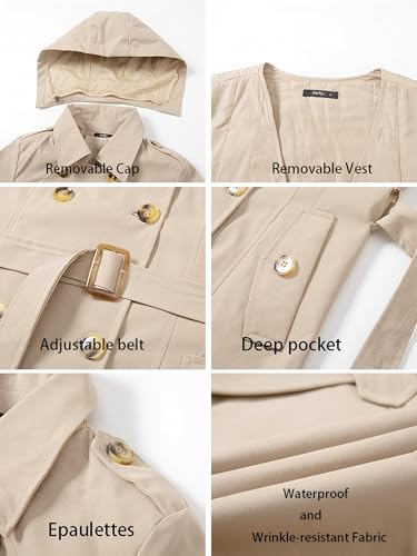 Women's Trench Coat Double Breasted Classic Mid-Length Adjustable Belt Jacket with Detachable Hood and Vest3