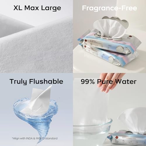 Bc Babycare Flushable Wipes, Hypoallergenic for Sensitive Skin, 99% Water, Plant-Based Fibers, Sewer + Septic Safe, Fragrance Free Toddler Potty Training, 336 Wipes, 8 Pack - Image 5