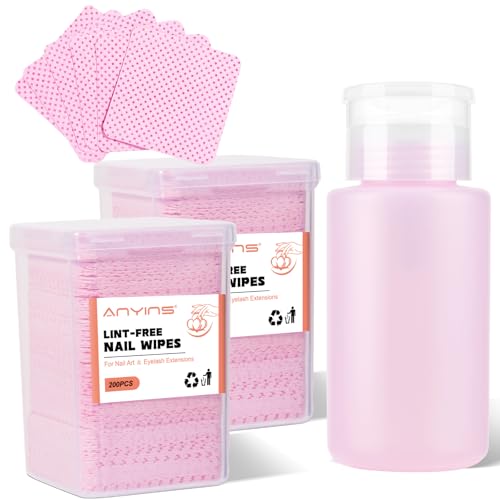 ANYINS 400PCS Lint Free Nail Wipes with Acetone Pump Dispenser Pink Nail Polish Remover Pads with Dispenser Eyelash Glue Cleaning Wipe with 180ML Alcohol&Acetone and Polish Remover Pump Bottle Kit