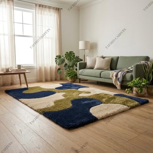Image of Tauhid Carpet Super Soft Microfiber Shaggy Area Rug Modern Abstract Green Blue & Cream Plush Carpet | Fluffy Floor Rug for Living Room, Bedroom 6x9 Feet.