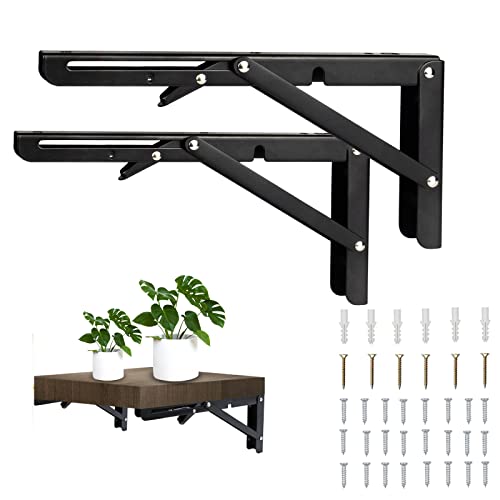 Auropeak Folding Shelf Brackets 16 inch 2 PCS, Thicken Adjustable Shelf Brackets, Shelf Brackets Heavy Duty, Stainless Steel Metal Collapsible Shelf Bracket for Bench Table, DIY Max Load 180 LB