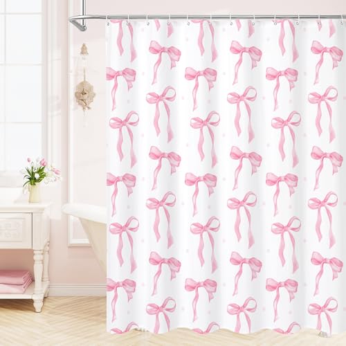 Litabel Cute Bow Shower Curtain Pink Aesthetic Bowknot Shower Curtain for Bathroom Modern Minimalist White Waterproof Fabric Shower Curtain Set 72x72 Inch