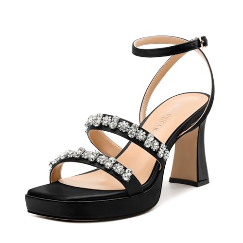 MODENCOCO Platform Heels for Women Heeled Sandals with Rhinestone Strappy Square Toe Block Heel for Wedding Dress Party