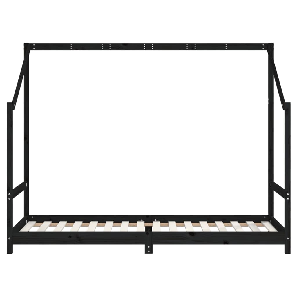 Łóżko dziecięce, czarne, 90 x 200 cm, lite drewno sosnowe z listwami ze sklejki, wsuwanymi szczeblami i ochroną przed wypadnięciem, do pokoju dziecięcego, łóżko dla juniora ze schowkiem i