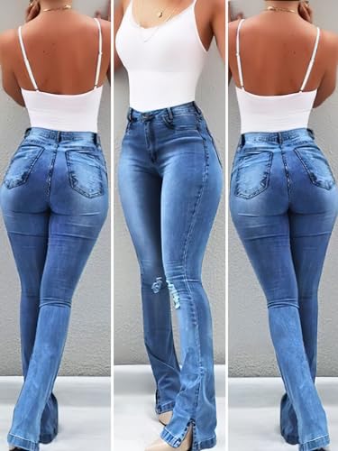 Women's Butt Lifting Tummy Control Fitting Jeans High Waist Stretchy Denim Distressed Ripped Flare Bell Bottom Pants(Large, Treasure Blue)2