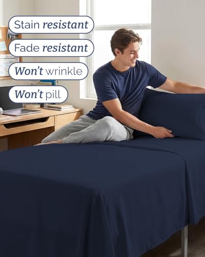 Image of Twin XL 4 Piece Sheet Set - College Dorm Room Essentials - Navy Blue | Ultra Soft Dorm Bedding Set, 8 inch to 16 inch Inch Deep Pockets, 1 Flat & 1 Fitted Sheet & 2 Pillowcases, Wrinkle & Fade Free
