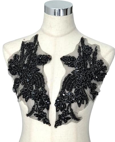 Hand-Mmade Beaded Rhinestone Appliques Patch - Flower Pair (Black-B)