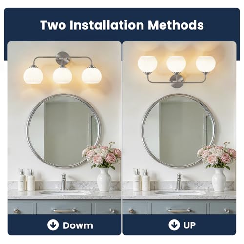 RUIYEY Bathroom Vanity Light Fixtures: 3-Lights Bathroom Lighting Fixtures Over Mirror, Brushed Nickel Vintage Wall Lights with Milky White Frosted Glass Shade for Bath Bedroom by RUIYEY - Used condition - Image 6