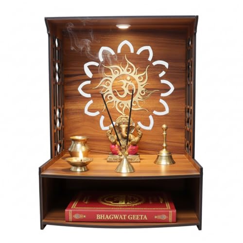 Image of Royal Walnut Finish Wooden Pooja Mandir | Wall Mounted Home Temple with LED Lights & Spacious Storage | Premium Handcrafted Puja Unit (37.5 * 29 * 25 CM) (Large) A5