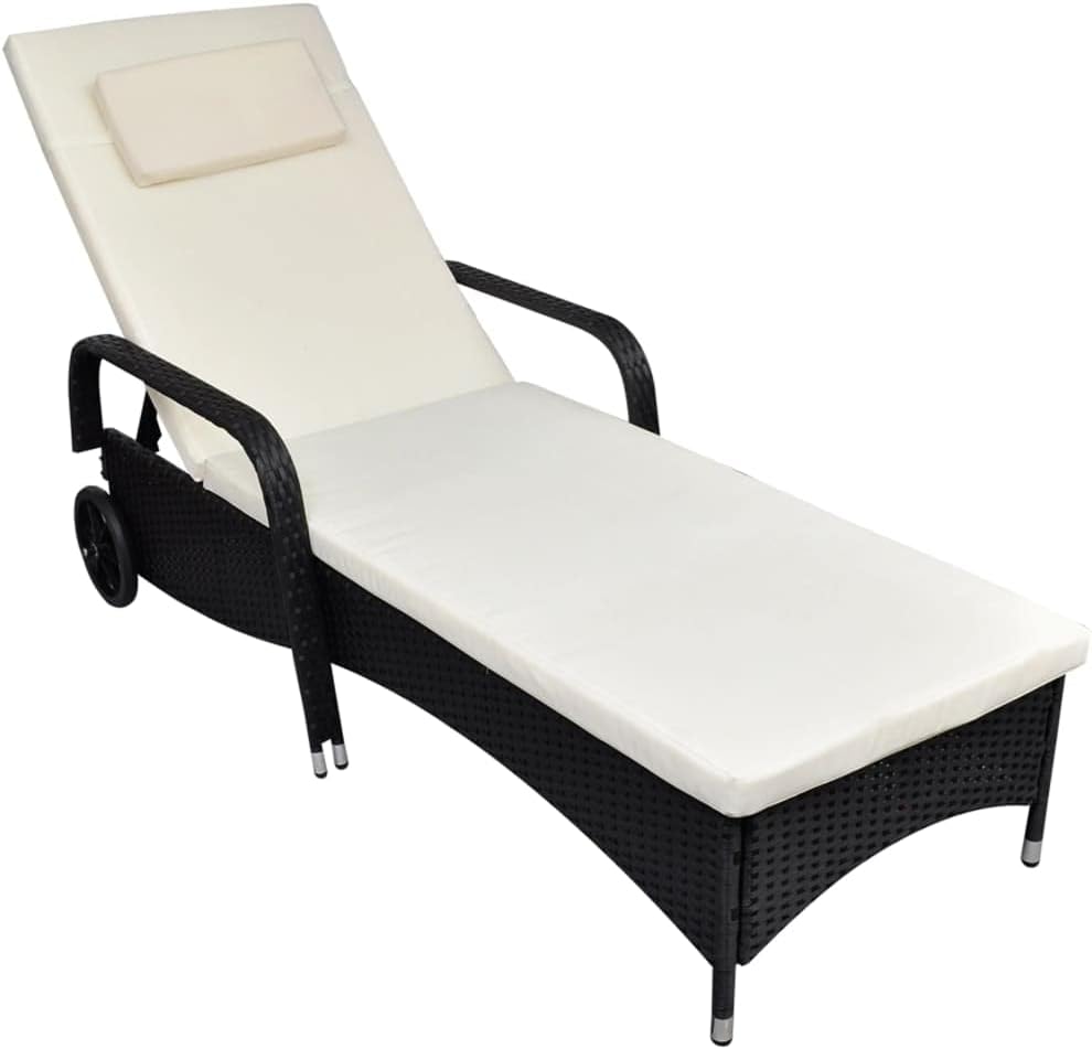Sun Lounger with Cushion,Sunbathing Chairs for Adults,Patio Furniture,Outdoor Seating,Outdoor Lounge Chairs,for Outside,Patio,Yard,Lawn,Beach,Sunbathing,Pool, Wheels Poly Rattan Black