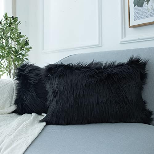 LIGICKY Set of 2 Decorative Black Lumbar Fluffy Throw Pillow Cover Faux Fur Shams Pillow Case Luxury Series Rectangle Soft Plush Cushion Cover for Couch Sofa Bed (12" x 20")