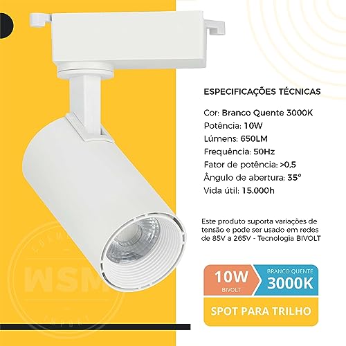 Kit Trilho Eletrificado com Spots Brancos e Lâmpada LED 10W - 2, 3, 4, 6 ou 8 Spots com Temperaturas