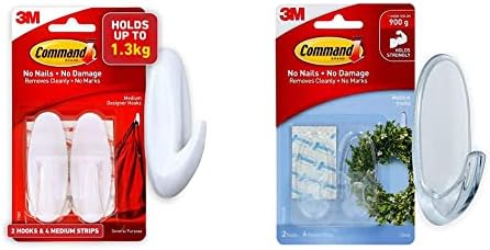 Command Medium Hook, Pack of 2 Hooks and 4 Adhesive Strips, Transparent - Damage Free Hanging - Holds up to 900 gm & Command 17081 Damage Free Medium Hooks 2 Pack , White