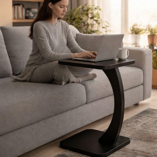 Image of Modern C-Shaped Side Table for Sofa & Bed - Multi-Purpose Laptop Table, Snack Holder, Book & Plant Stand - Compact & Sturdy Bedside Table (Black1)