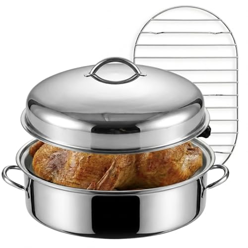 18.1 Raised Stainless Steel Roasting Pan with Rack and Lid - Heavy Duty Turkey Roaster Pan with Removable Roasting Rack Oven Safe & Dishwasher Safe for Chicken Meat Vegetables Holiday Cooking