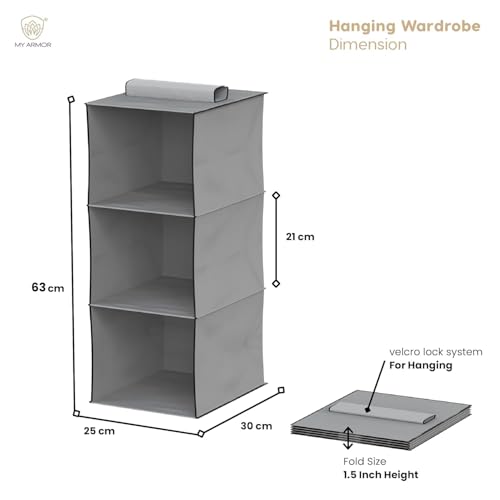 Image of MY ARMOR Hanging Shelf Cloth Storage Organizer, Universal Fit Hanging Closet Organizer for Wardrobe, 10 x 12 x 35 Inches (Grey, 3 Tier Shelf, Pack of 1)
