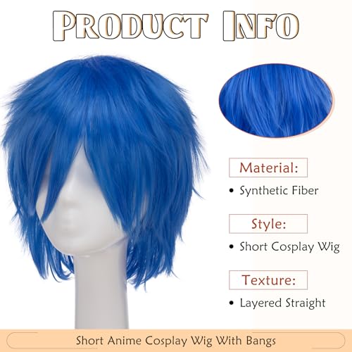 Image of S-noilite Blue Joy Wig Short Pixie Cosplay Wigs With Bangs Fluffy Heat Resistant Synthetic Hair Wigs for Halloween Anime Party Unisex Men Womens Costume Wig