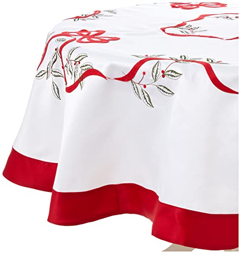 Violet Linen Christmas Holly Leaves Poinsettia Ribbon Bows Pattern, Polyester Embroidered with Trim Border , White, 70 Inch Round, Seats 4 to 6 people, Tablecloths