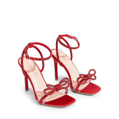 DREAM PAIRS DREAM PAIRS Women's Double Bowknots Crystal Sandals Clear Slingback Heels Square Toe Shoes for Party Wedding Brielle,Size 9,Red-Satin,SDHS2389W