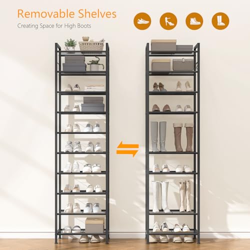 usikey 10 Tiers Narrow Shoe Rack 20-30 Pairs, Sturdy Metal Tall Shoe Rack Shelf with 4 Hooks, Slim Shoe Storage with Metal Shelf, Space Saving Vertical Shoe Organizer for Entryway Black UNYXJX018H - Thumbnail 6