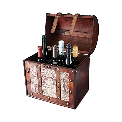 Twine Old World 6 Wooden Wine Bottle Gift Box - Wine Decorative Storage Box with Lid and Handle, Wine Accessory Sets, Wood, Faux Leather in Antique Map Design Liquor Gift Box