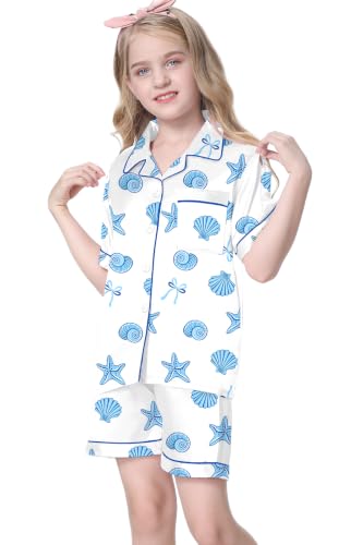 Image of Umeyda Women & Girls Pajamas Set, Soft Satin Lightweight Silk Button-Down Top with Shorts 2 Piece PJS for Mom Boys Kids Gifts