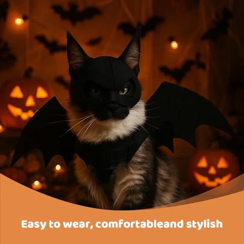 Fledermaus Kostüm für Katzen & Hunde mit Maske – Halloween Haustier Kostüm Set, Fledermausflügel & 3D Katzenmaske, Schwarz, Verkleidung für Cosplay & Party
